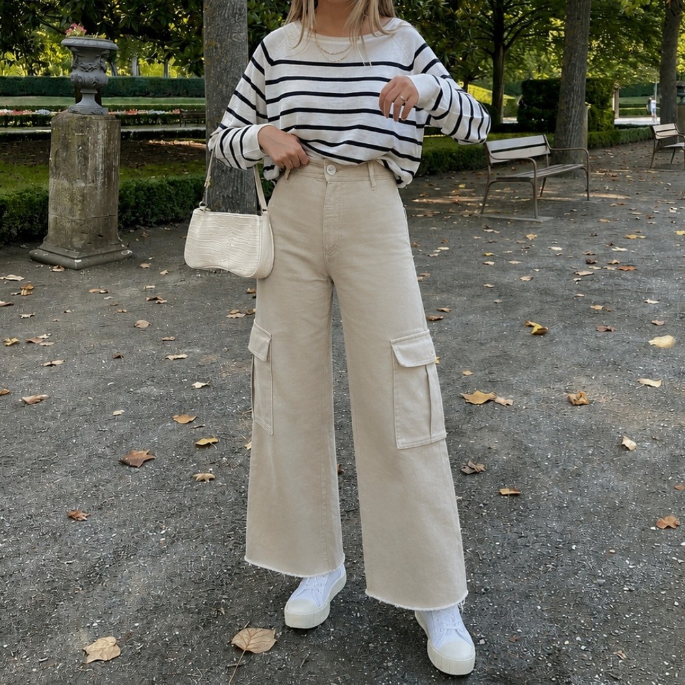 ZARA | Marine High Waisted Cargo Wide Leg Raw Hem Jeans in Khaki Beige